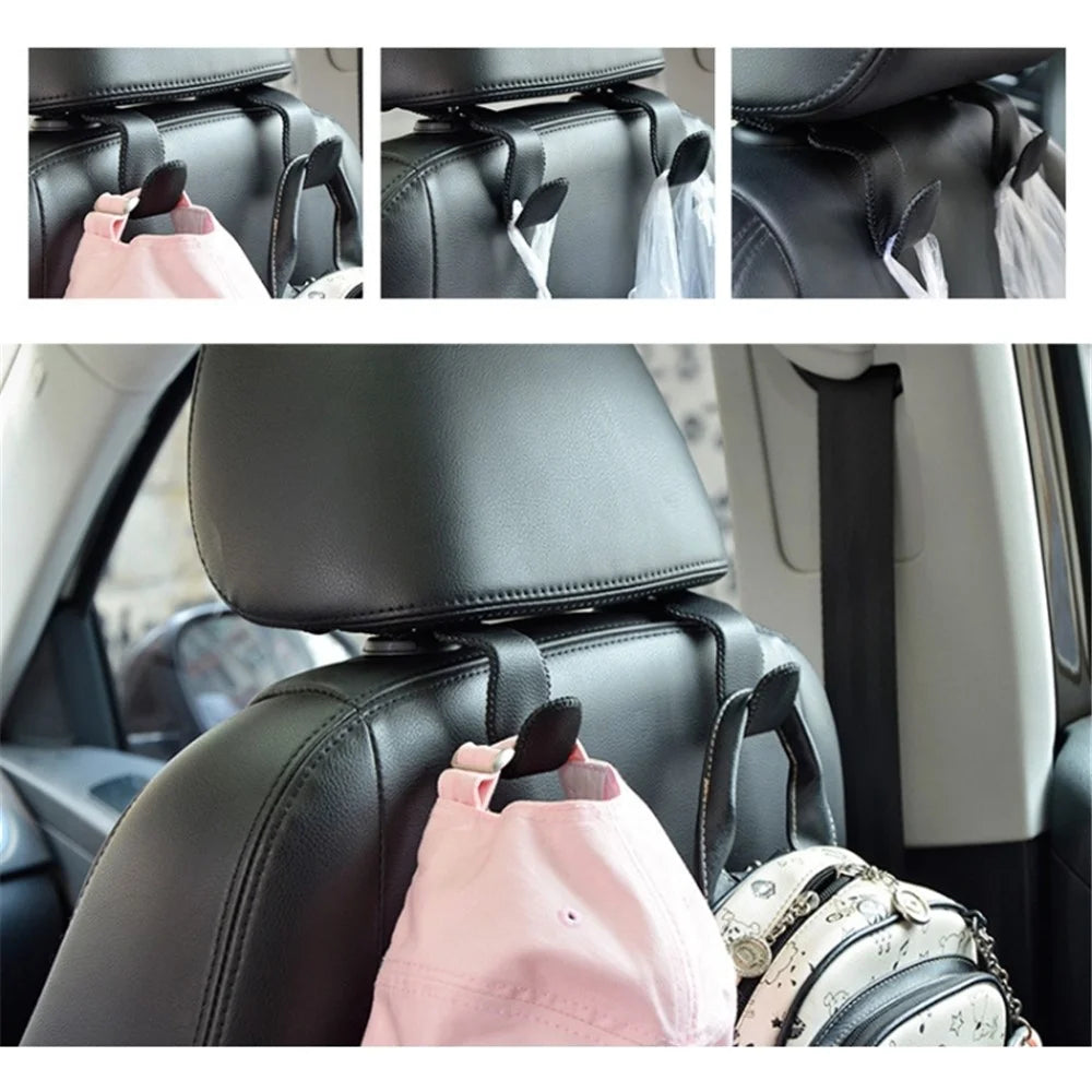 Car Seat Back Bag Hanging Hook Stainless Steel + Leather Car Seat Headrest Mount Hook - Black - 3