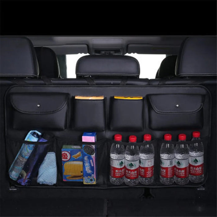 Car Trunk Leather Storage Bag Large Capacity Automotive Backseat Organizer (Mesh Style) - Black - 1