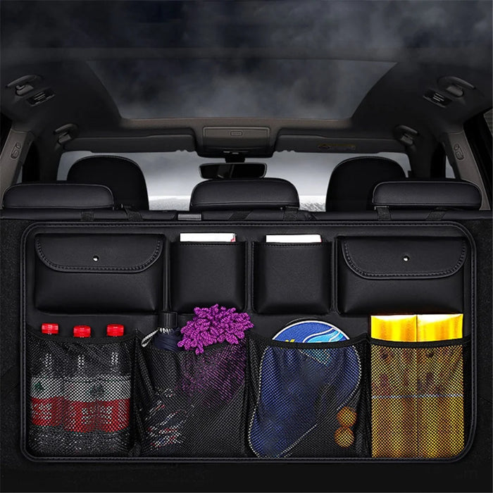 Car Trunk Leather Storage Bag Large Capacity Automotive Backseat Organizer (Mesh Style) - Black - 2