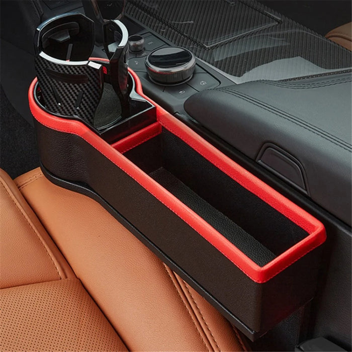 Car Seat Gap Filler Cup Holder ABS+PU Leather Auto Crevice Storage Organizer Box, Driver Side - Black+Red - 4