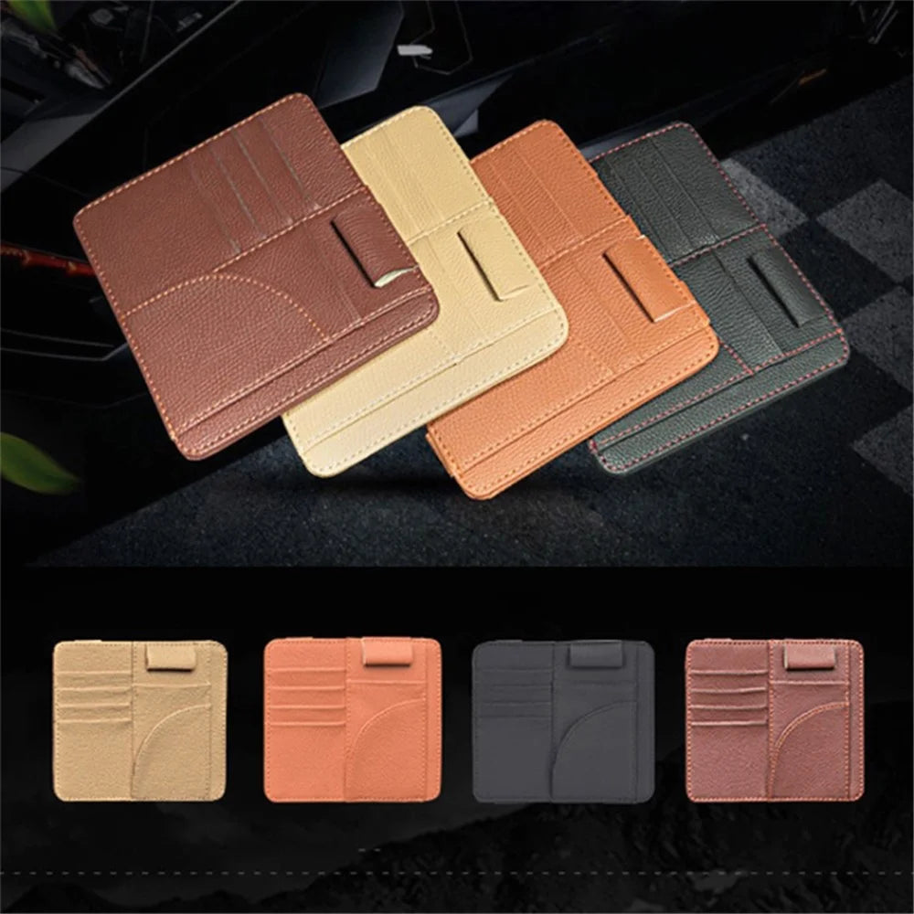 Car Sun Visor Storage Bag PU Leather Cards Bills Driver License Holder Bag - Orange - 2