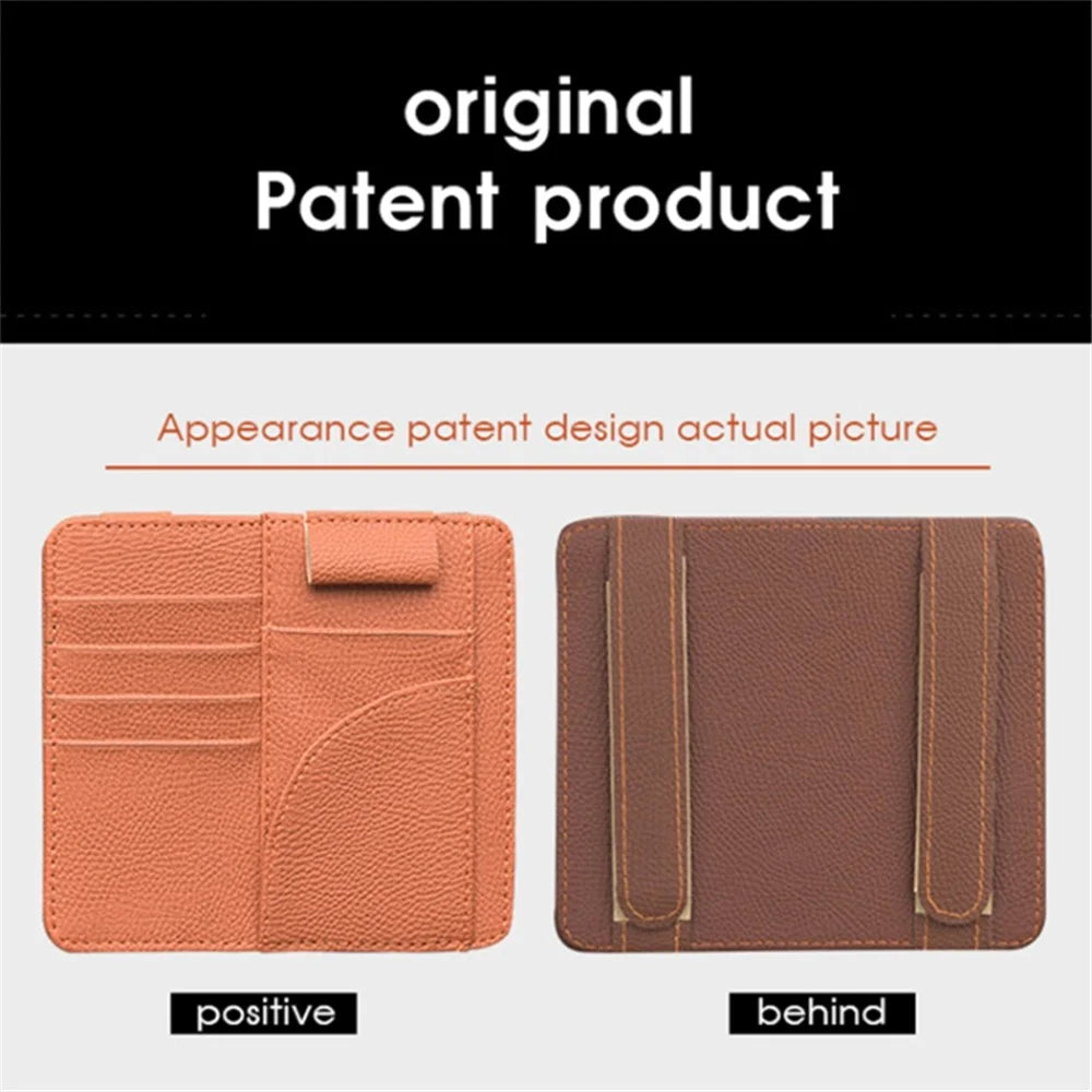 Car Sun Visor Storage Bag PU Leather Cards Bills Driver License Holder Bag - Orange - 3
