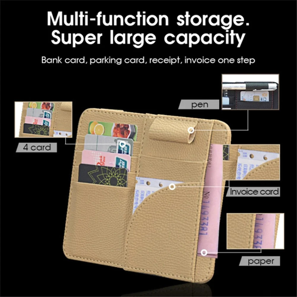 Car Sun Visor Storage Bag PU Leather Cards Bills Driver License Holder Bag - Orange - 6