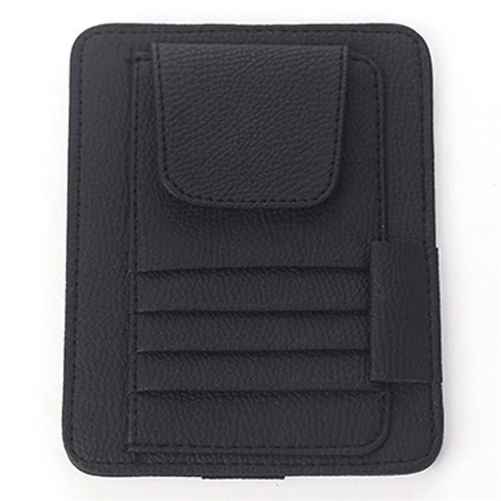 Car Sun Visor Storage Bag Litchi Texture PU Leather Cards Bills Glasses Holder - Black - 1