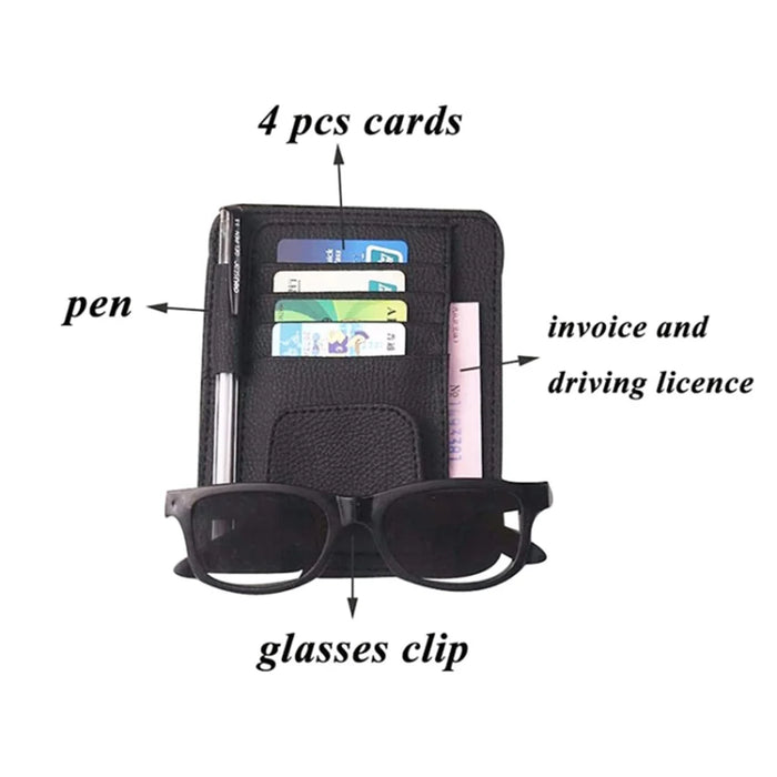 Car Sun Visor Storage Bag Litchi Texture PU Leather Cards Bills Glasses Holder - Black - 3
