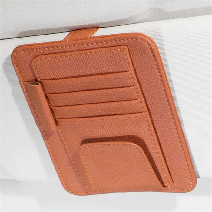 Car Sun Visor Storage Bag Litchi Texture PU Leather Cards Bills Glasses Holder - Black - 5