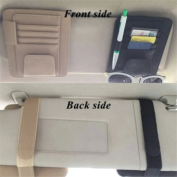 Car Sun Visor Storage Bag Litchi Texture PU Leather Cards Bills Glasses Holder - Black - 6
