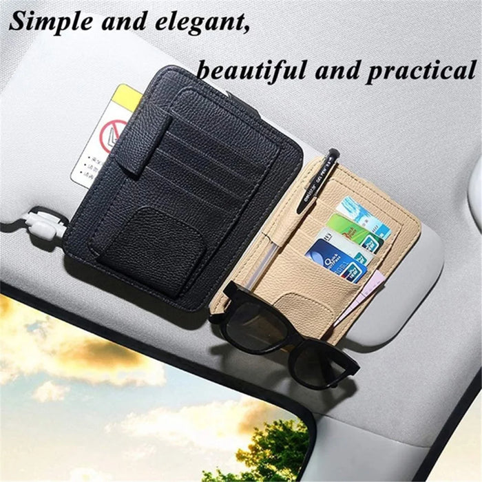Car Sun Visor Storage Bag Litchi Texture PU Leather Cards Bills Glasses Holder - Black - 7