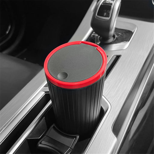 DM-143 ABS + PP Versatile Car Storage Bin with Lid Auto Vehicle Trash Can Fit Cup Holder - Black With Red Edge - 2