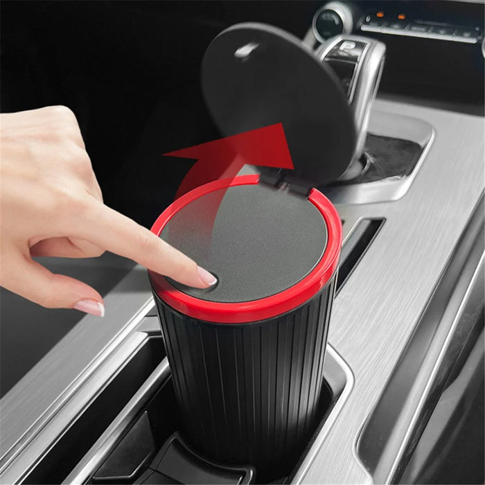 DM-143 ABS + PP Versatile Car Storage Bin with Lid Auto Vehicle Trash Can Fit Cup Holder - Black With Red Edge - 4