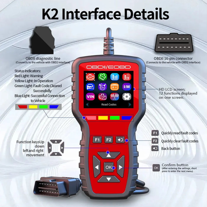K2 OBD2 Car Diagnostic Scanner 40000+ Codes Color Screen Engine Fault Code Reader Clear Tool - Red - 5