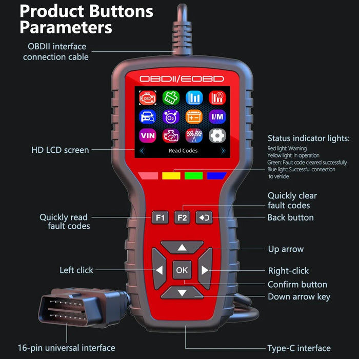 K2 OBD2 Car Diagnostic Scanner 40000+ Codes Color Screen Engine Fault Code Reader Clear Tool - Red - 7