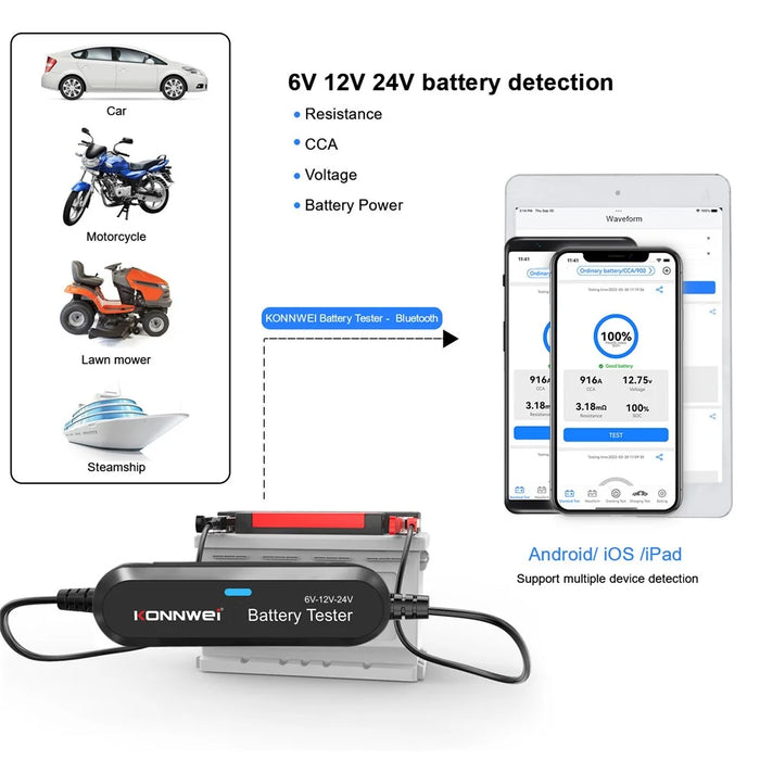 KONNWEI BK200 Multi-Function Bluetooth-compatible Battery Tester for Car Truck Motorcycle SUV Boat Yacht 6V 12V 24V Battery Tester - Black - 4