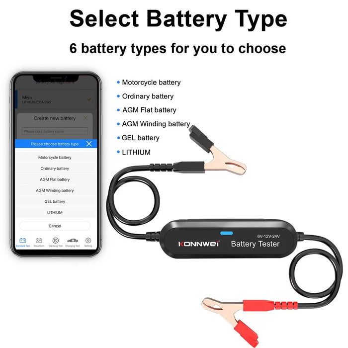 KONNWEI BK200 Multi-Function Bluetooth-compatible Battery Tester for Car Truck Motorcycle SUV Boat Yacht 6V 12V 24V Battery Tester - Black - 7
