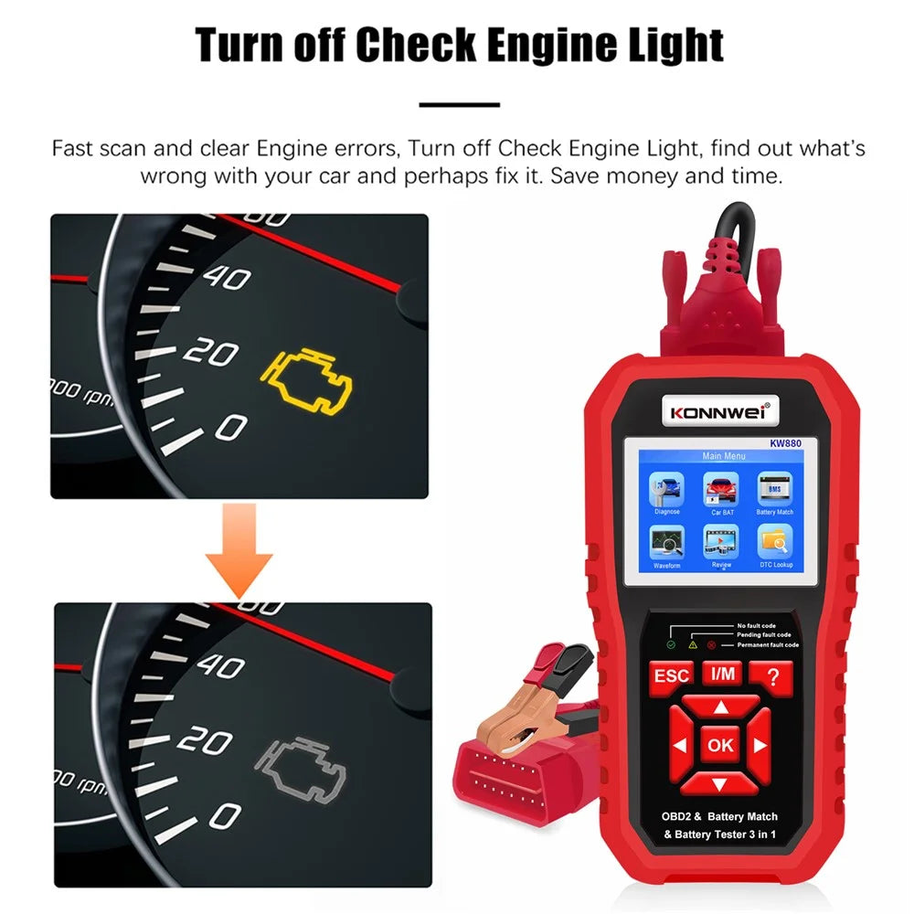 KONNWEI KW880 Car Diagnostic Tools & Car Battery Tester & Car Battery Match 3 in 1 Multi-Function Detector Device - 5