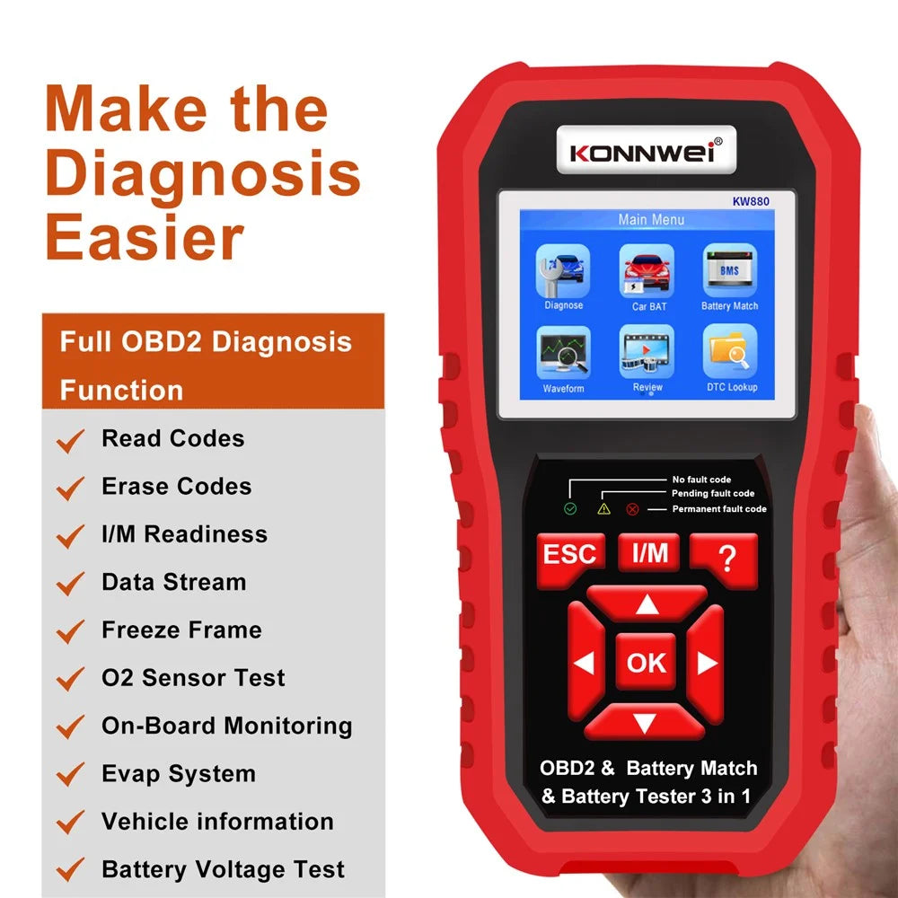 KONNWEI KW880 Car Diagnostic Tools & Car Battery Tester & Car Battery Match 3 in 1 Multi-Function Detector Device - 6