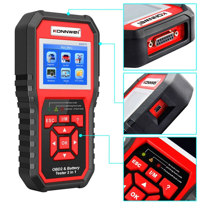 KONNWEI KW870 Car OBD 2 Diagnostic Tools Scanner, Battery Tester 2-in-1 Car Multi-Function Detector for 12V Batteries - 7