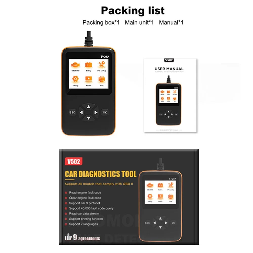 V502 9V-36V Car Fault Code Reader ELM327 OBD2 Automobile Vehicle Engine Diagnostic Tool - 7