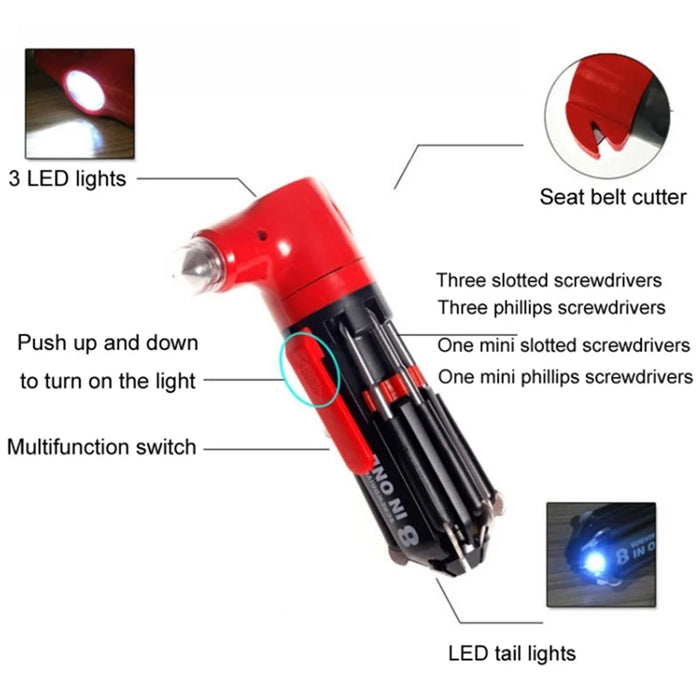 8 in 1 Car Safety Hammer with Seat Belt Cutter Multifunctional Screwdrivers Car Tools with LED Light - 5