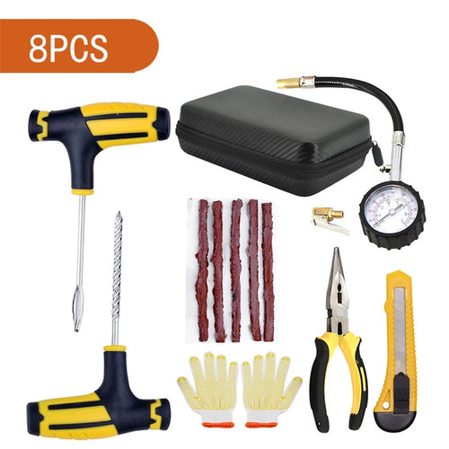 8Pcs / Set Car Tyre Puncture Repair Kit Tire Pressure Gauge Pliers Tool with Storage Case - 1
