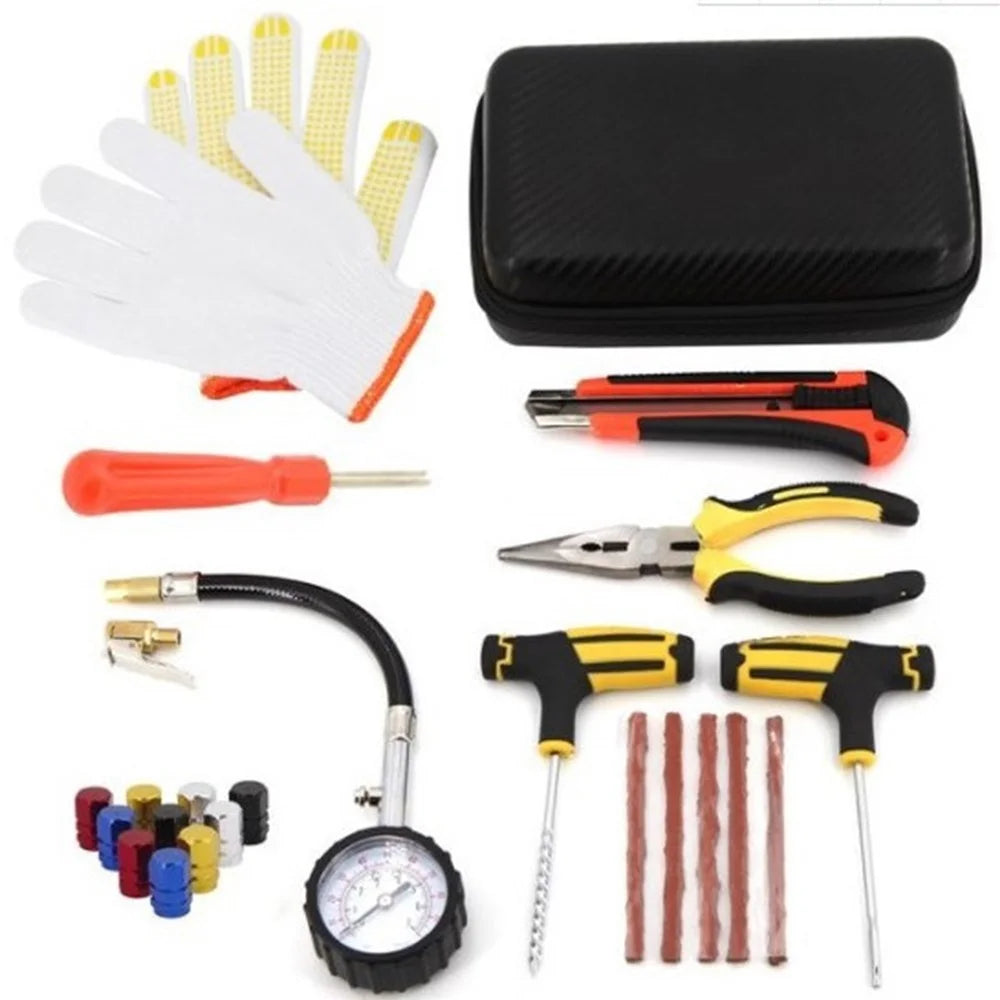 10Pcs / Set Car Tyre Puncture Repair Kit Tire Pressure Gauge Wrench Rubber Strip Auto Repair Kit - 1