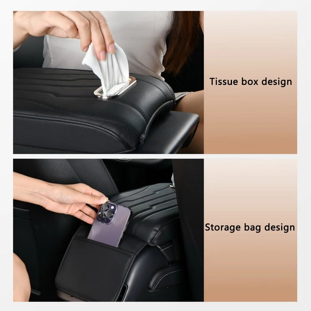 FSX001 Leather+Memory Foam Car Armrest Box Heighten Pad Car Armrest Box Cover Tissue Box - Black - 4