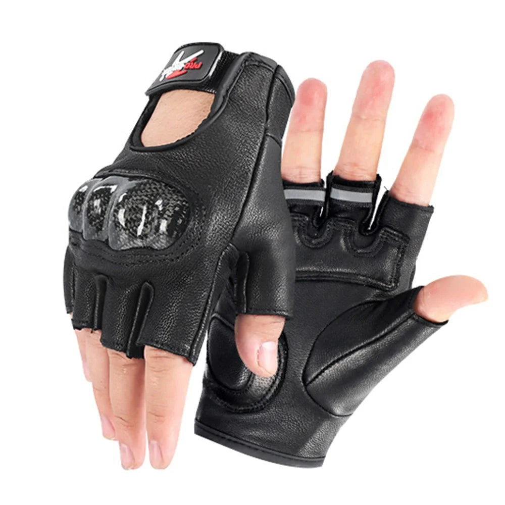 RIDING TRIBE MCS-59B 1 Pair Carbon Fiber Hard Shell Genuine Leather Half Finger Gloves for Motorcycle Racing - Black/XL - 1