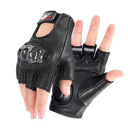 RIDING TRIBE MCS-59B 1 Pair Carbon Fiber Hard Shell Genuine Leather Half Finger Gloves for Motorcycle Racing - Black/XL - 1