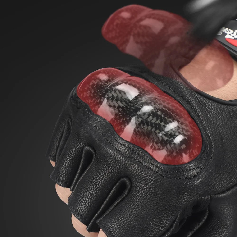 RIDING TRIBE MCS-59B 1 Pair Carbon Fiber Hard Shell Genuine Leather Half Finger Gloves for Motorcycle Racing - Black/XL - 3