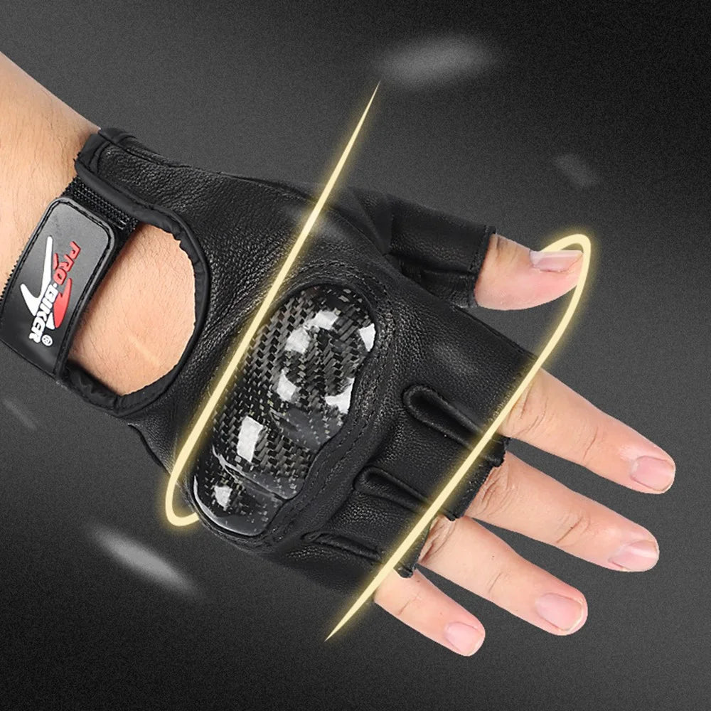 RIDING TRIBE MCS-59B 1 Pair Carbon Fiber Hard Shell Genuine Leather Half Finger Gloves for Motorcycle Racing - Black/XL - 4