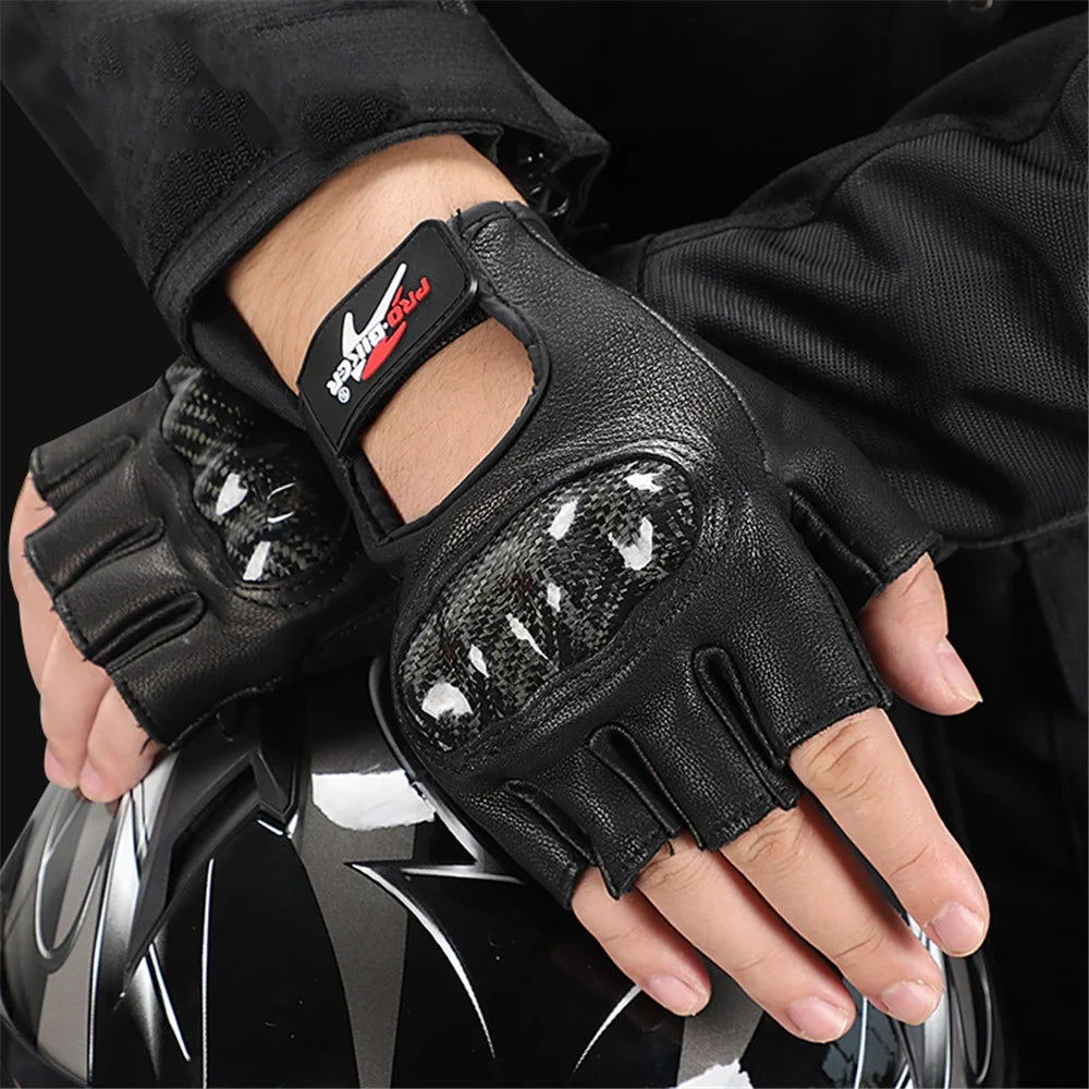 RIDING TRIBE MCS-59B 1 Pair Carbon Fiber Hard Shell Genuine Leather Half Finger Gloves for Motorcycle Racing - Black/XL - 6