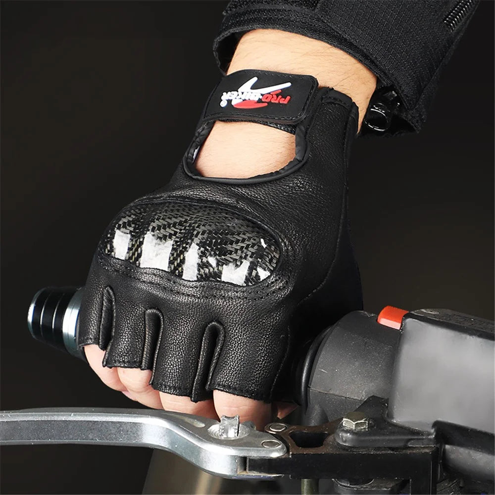 RIDING TRIBE MCS-59B 1 Pair Carbon Fiber Hard Shell Genuine Leather Half Finger Gloves for Motorcycle Racing - Black/XL - 7