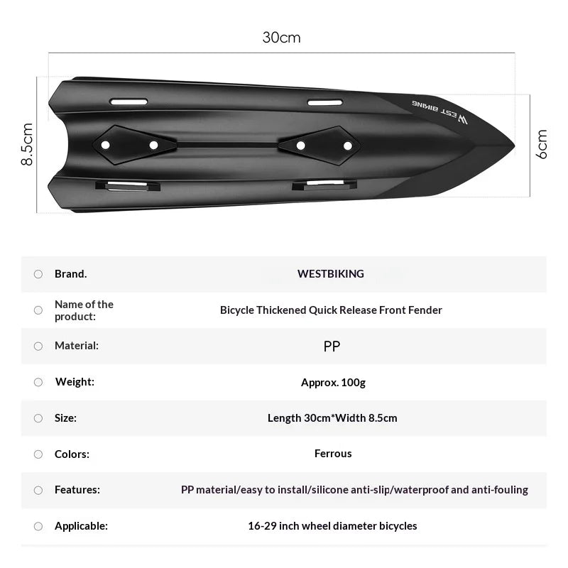 WEST BIKING YP0714047 Bike Fender Quick Release Front Mudguard for 16-29 Inch Mountain Road Bicycle Accessories - Black - 6