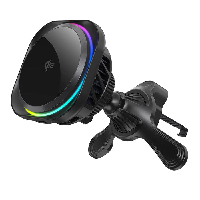 MC12 Qi2 15W Car Wireless Charger Magnetic Mount RGB Lighting Semiconductor Cooling Phone Holder for Air Vent - Black - 1