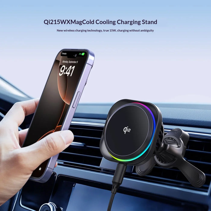 MC12 Qi2 15W Car Wireless Charger Magnetic Mount RGB Lighting Semiconductor Cooling Phone Holder for Air Vent - Black - 2