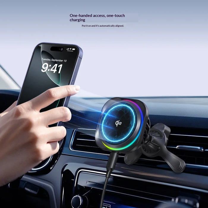 MC12 Qi2 15W Car Wireless Charger Magnetic Mount RGB Lighting Semiconductor Cooling Phone Holder for Air Vent - Black - 5
