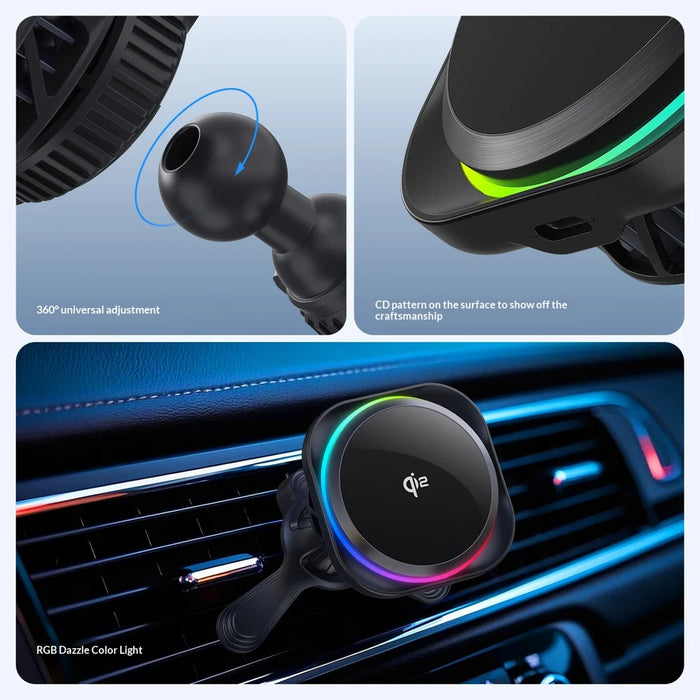 MC12 Qi2 15W Car Wireless Charger Magnetic Mount RGB Lighting Semiconductor Cooling Phone Holder for Air Vent - Black - 6