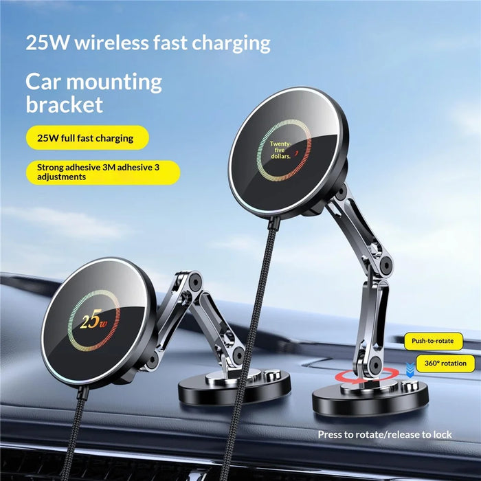 25W Car Mount Wireless Charger Fast Charging Magnetic Phone Holder 360 Degree Rotating Stand for Dashboard - Black Grey  /  Circular Pattern - 2