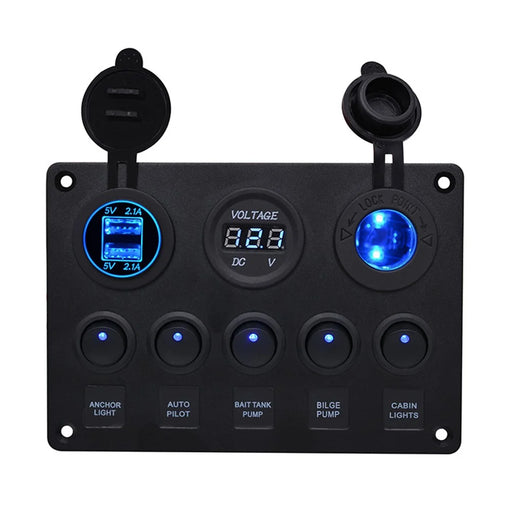 WUPP Car Yacht Combination Switch Round 5-Position Dual USB Car Charger Voltmeter Control Panel Switch - Blue - 1