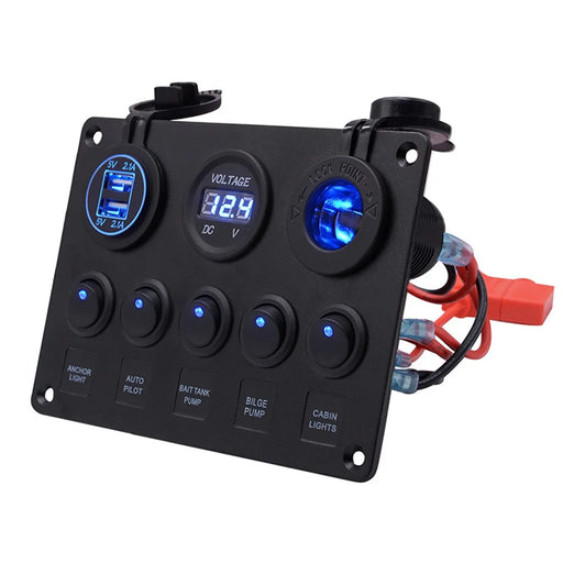 WUPP Car Yacht Combination Switch Round 5-Position Dual USB Car Charger Voltmeter Control Panel Switch - Blue - 2