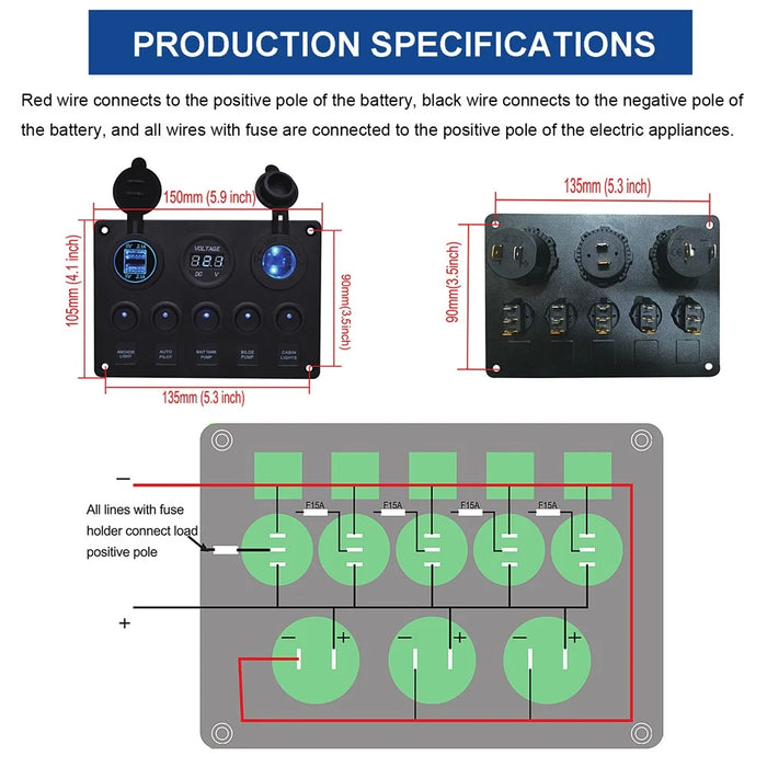WUPP Car Yacht Combination Switch Round 5-Position Dual USB Car Charger Voltmeter Control Panel Switch - Blue - 3