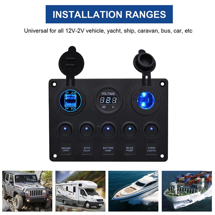 WUPP Car Yacht Combination Switch Round 5-Position Dual USB Car Charger Voltmeter Control Panel Switch - Blue - 4