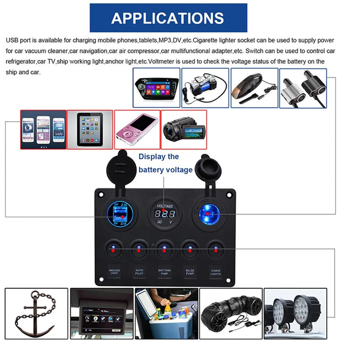 WUPP Car Yacht Combination Switch Round 5-Position Dual USB Car Charger Voltmeter Control Panel Switch - Blue - 5