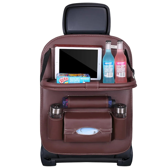 Car Back Seat Organizer Storage Bag with Foldable Table Tray Tablet Holder Tissue Box - Coffee - 1