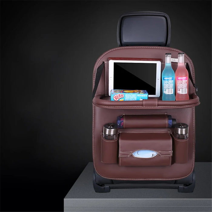 Car Back Seat Organizer Storage Bag with Foldable Table Tray Tablet Holder Tissue Box - Coffee - 2