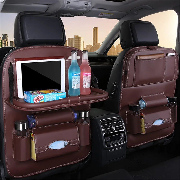 Car Back Seat Organizer Storage Bag with Foldable Table Tray Tablet Holder Tissue Box - Coffee - 4
