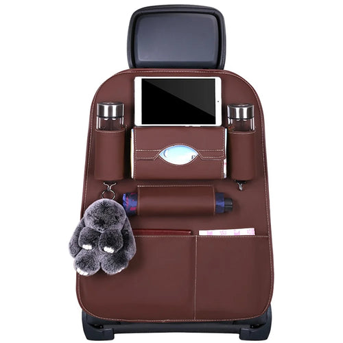 Car Back Seat Organizer Storage Bag with Tissue Box Tablet/Umbrella/Water Bottle Holder - Coffee - 1