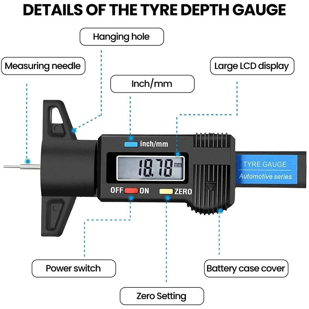 0-25.4mm LCD Display Digital Depth Measurer Gauge Car Tyre Tread Tire Wear Detection Caliper Tool - 5