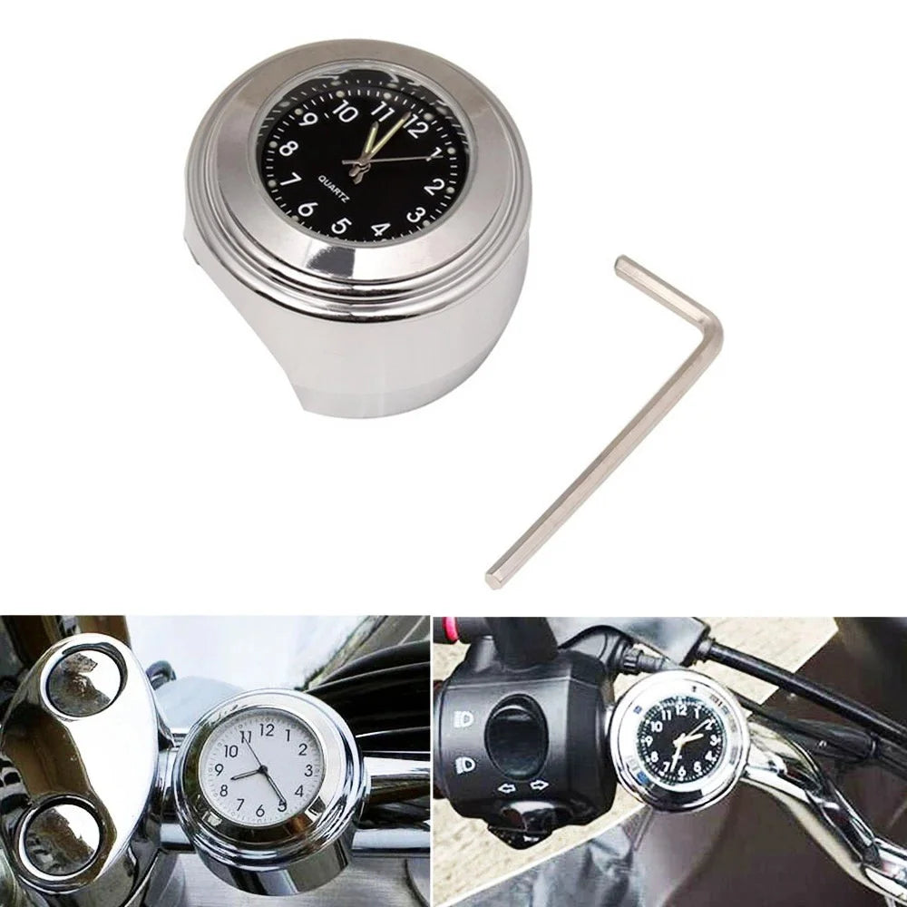 Universal Motorcycle Handlebar Quartz Clock Waterproof Shockproof Aluminum Alloy Motorbike Handlebar Watch - Electroplating/Black Dial - 1