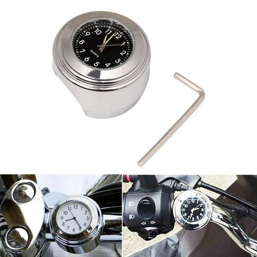 Universal Motorcycle Handlebar Quartz Clock Waterproof Shockproof Aluminum Alloy Motorbike Handlebar Watch - Electroplating/Black Dial - 1